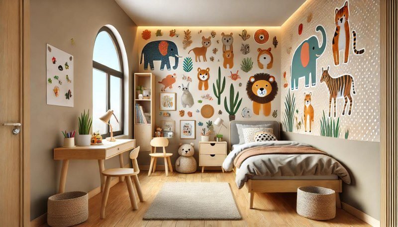 habitació infantil amb vinyl a la pared