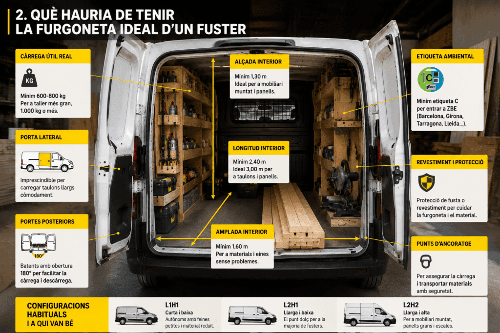 Infografia amb les característiques clau de la furgoneta ideal per a un fuster: càrrega útil, longitud interior, porta lateral, etiqueta ambiental i configuracions recomanades.